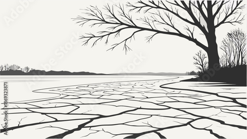 Monochrome illustration of a cracked, dry lakebed with a bare tree on the shore, against a white background with a distant landscape.