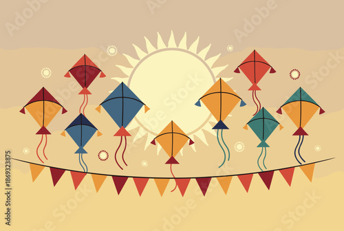 Colorful kites flying high in a sunny sky with festive bunting, celebrating a joyous occasion.