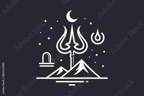 A minimalist line art illustration featuring a prominent Trishul, crescent moon, stars, and mountains, symbolizing Hindu deity Shiva.
