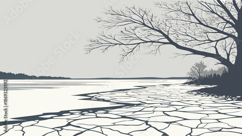 Monochrome illustration of a cracked, dry lake bed with a bare tree on the shore against a gray sky.