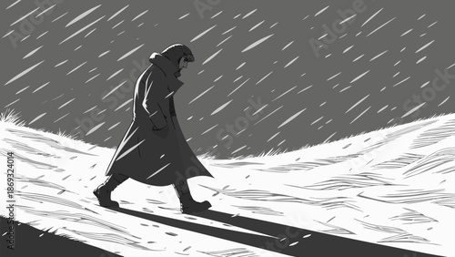 A person walks through a snowy landscape with a long coat on a gray, rainy day with a monochromatic color scheme.