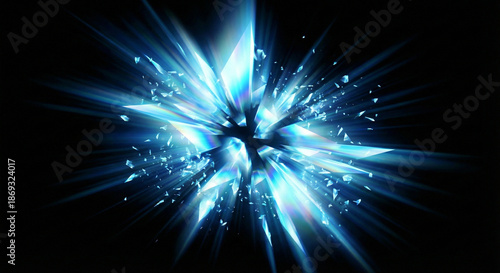 Shattered blue crystal emitting vibrant light rays against a deep black backdrop