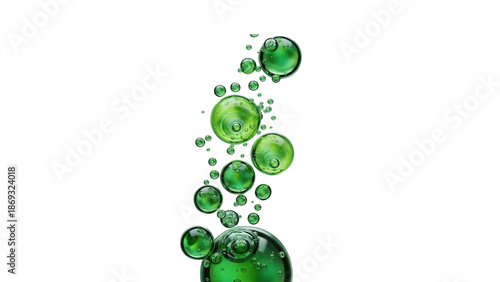 Abstract green bubbles float upward, evoking skin hydration, antioxidant infusion, and cosmetic innovation.  3d rendering