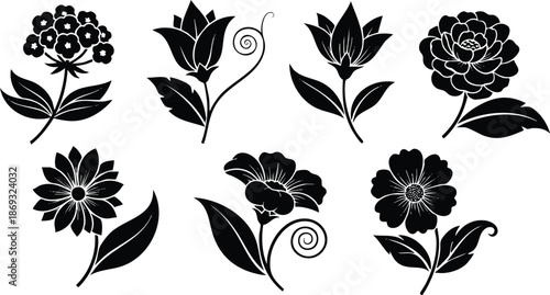 Black and white vector art of seven different stylized floral silhouettes including blooming flowers and leaves with various petal shapes and swirling stems on white background