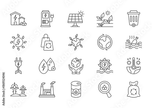 Green energy thin line icon set. Containing green house, ev station, solar panel, planting, recycling, renewable energy. Vector illustration