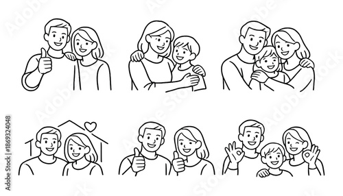 Black and white cartoon family portraits: happy expressions and gestures