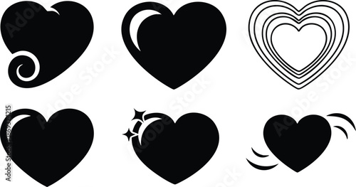 Black solid heart icons set with shine sparkle swirl animated shapes outline rings and smooth curves modern vector art design collection