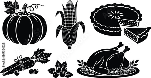 Black silhouette vector illustration of pumpkin corn carrots blueberry pie roast turkey with garnish and autumn harvest food symbols iconic design for seasonal celebration and thanksgiving dinner meal