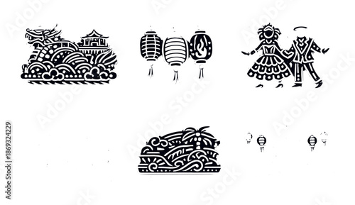 Cultural festival icons: dragon, lanterns, couple, crowd, food, celebration