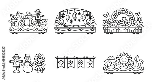 Monochrome seasonal parade floats with festive decorations and characters