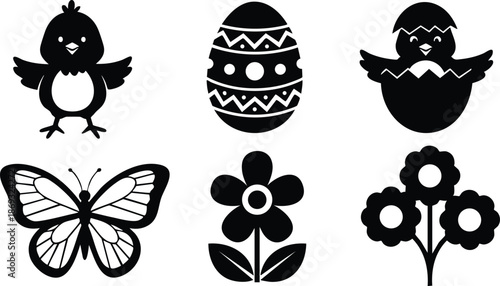 Black silhouette vector icons of easter chick standing and hatching from egg decorated easter egg butterfly flower and flower bouquet symbols in simple flat design style