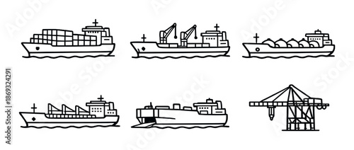 Collection of shipping vessels and cargo crane on gray background