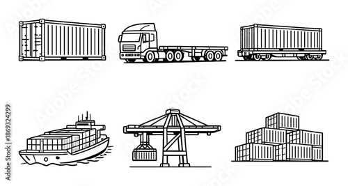 Logistics icons: container, truck, ship, crane, storage