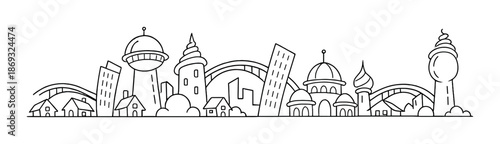 Futuristic monochrome cityscape with iconic architectural landmarks