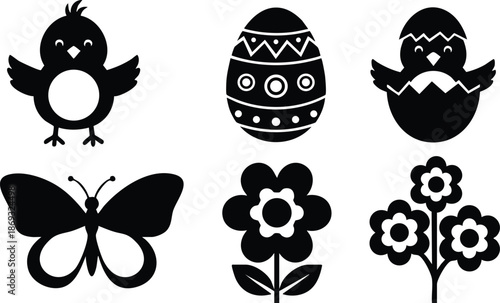 Black silhouette easter chick butterfly flower egg icon set with cracked egg and floral branch simple vector art design in flat style