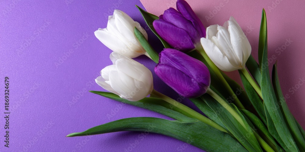 Fototapeta premium Vibrant purple and white tulips on dual-toned background