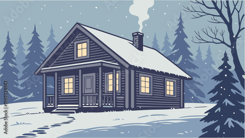 Illustration of a cozy cabin with lit windows and smoke rising from the chimney in a snowy forest landscape with a monochromatic blue color scheme.