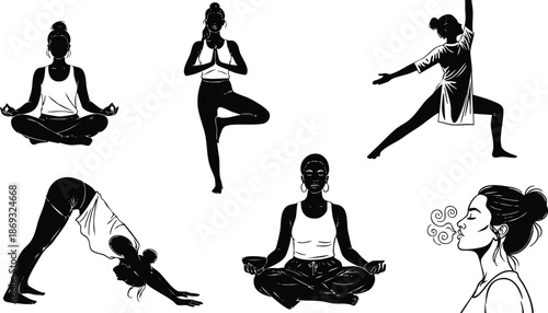 Black and white minimalist vector art set of women practicing various yoga poses including meditation breathing standing and stretching gym exercises silhouette design