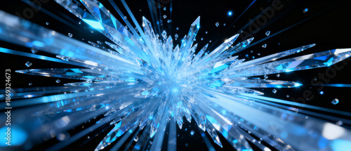 Brilliant explosion of blue crystal shards radiating light and energy in the dark