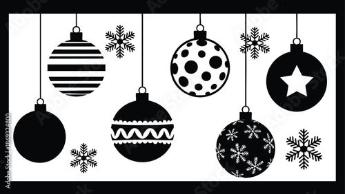 Black and white minimalist vector art of hanging christmas baubles and snowflakes varied patterns festive winter holiday decoration simple design elegant seasonal decor image