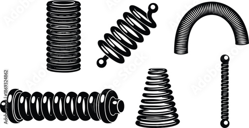 Black and white vector art showing various metal springs different shapes including coil stack compression tension and curved spring isolated on white background