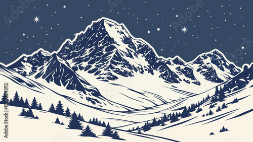 Illustration of a snowy mountain range under a starry night sky with trees and a cream-colored foreground.