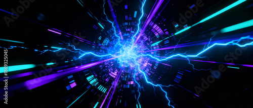 Dynamic digital tunnel with electric lightning and futuristic neon light trails