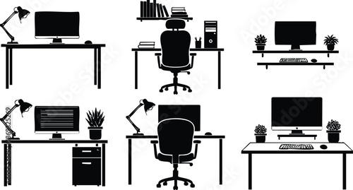 Black silhouette office workspace icons set including desk lamp computer monitor desktop pc swivel chair potted plant and shelving flat design vector illustration