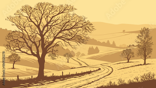 Illustration of a serene landscape with a tree-lined dirt road winding through rolling hills and fields in warm, sepia tones.