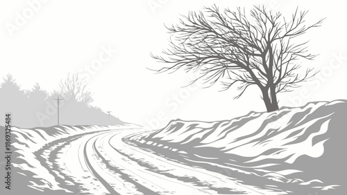 Monochromatic illustration of a snow-covered winding road with tire tracks leading to a leafless tree on a snowy hill against a white background.