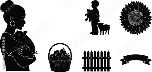 Silhouette woman holding piglet with hoop earrings profile view child holding teddy bear with dog basket of apples wooden fence and decorative sunflower all black vector art