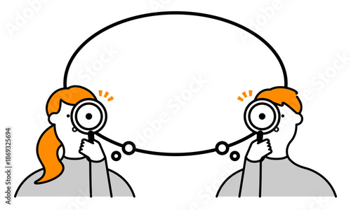 虫眼鏡で相互に分析・比較する2人の人物イラスト（自己理解・対話・適性チェックの概念）