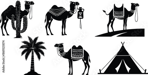 Black silhouette camel standing near cactus palm tree and traditional tent isolated on white background set of vector design elements with desert theme and arabian style