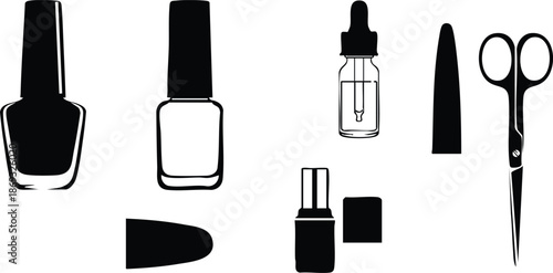 Minimalist black and white vector art of nail polish bottles clip caps dropper bottle and nail scissors isolated on white background