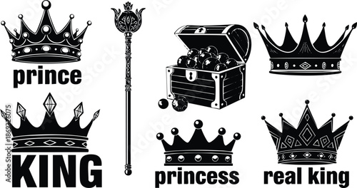 Black silhouette crowns and royal icons including prince crown king crown princess crown real king crown and treasure chest with balls in flat vector style