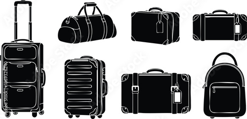 Black silhouette collection of different suitcase bags including trolley duffel backpack and vintage luggage in vector art style isolated on white background