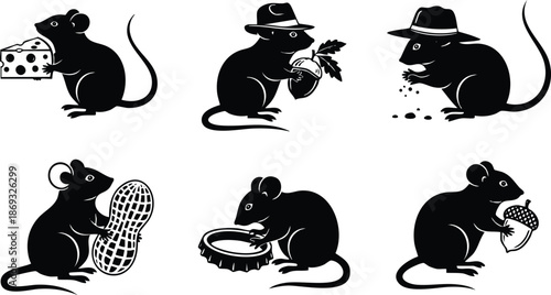 Silhouette vector art of six mice holding cheese peanut acorn and bottle cap wearing hats showing various actions and playful poses in black and white style