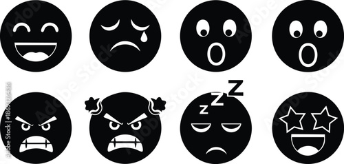 Simple black emoticon faces with varied expressions including happy sad surprised angry tired and starry eyes vector icon set in flat style on white background