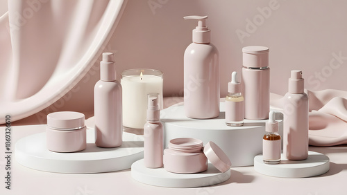 Cosmetic Skincare Products on Display with Candle and Background