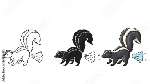 Set of three skunk illustrations showing defensive spray action outline, solid black and colored versions