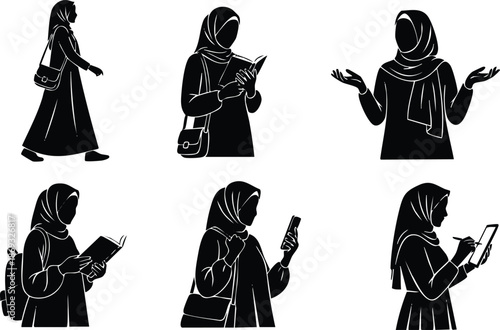 Black silhouette set of muslim woman wearing hijab walking reading book holding smartphone and writing on tablet isolated on white background vector art