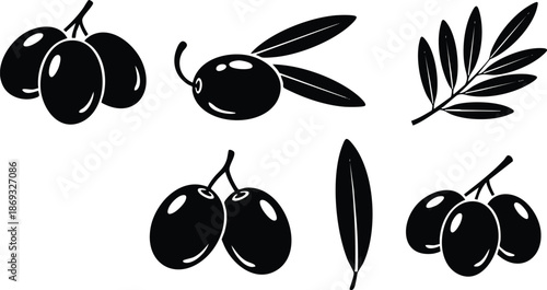 Black silhouette vector art of ripe olives and olive leaves collection isolated on white background detailed shapes botanical elements graphic design