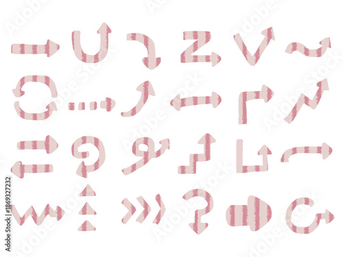 ピンクのストライプ柄の手描き風矢印セット