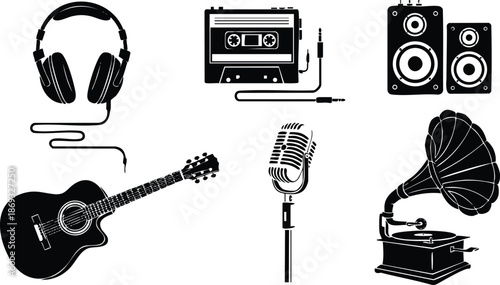 Black silhouette icons of headphones cassette guitar microphone vintage gramophone and speakers set in flat vector design isolated on white background