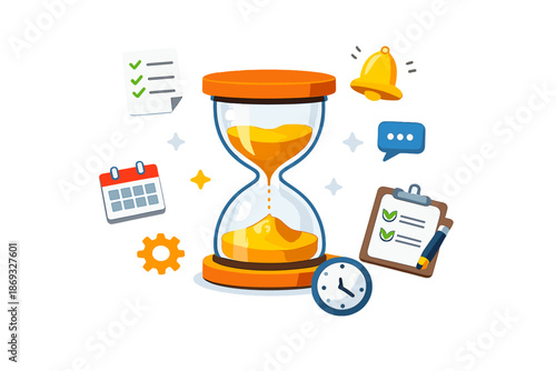 Time management concept with hourglass and icons