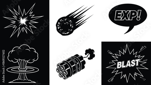 Black and white comic style explosive blast with mushroom cloud meteor impact and smoke emitting bomb in dynamic vector art composition with sound effect speech bubbles