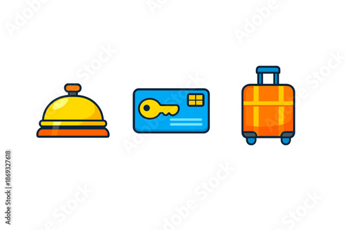 Hotel icons: bell, key card, and suitcase