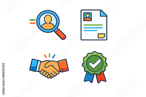 Recruitment and HR icons representing search, resume, handshake, and approval