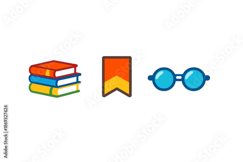 Stack of books, bookmark, and glasses icons glowing on a dark background