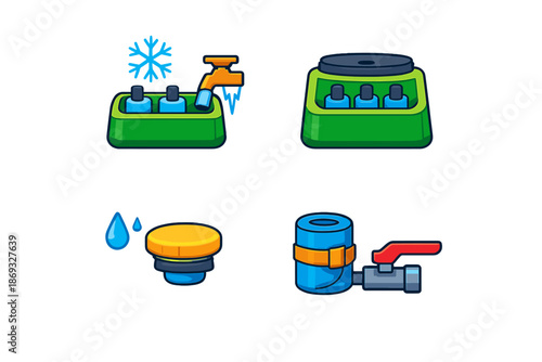 Set of cartoon icons representing water and cold elements